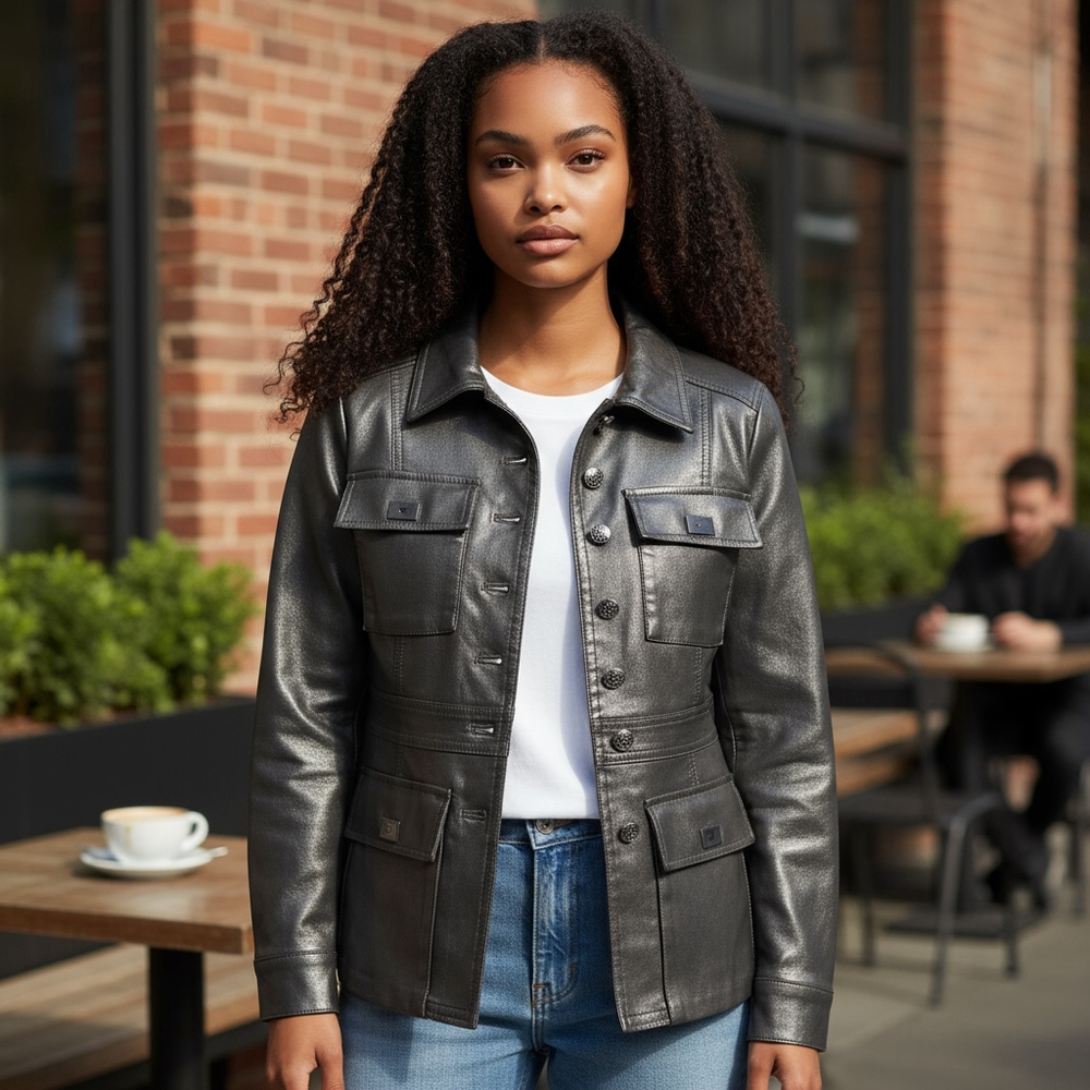 White House Black Market Faux Leather Utility Jacket Button‎ Front Small